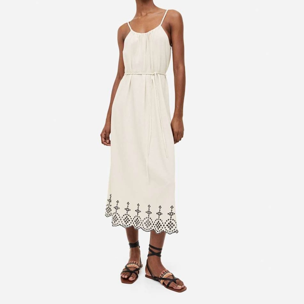 H&M Ivory Cream Midi Maxi EYELET EMBROIDERY-DETAIL DRESS Braided Rope Belt Small